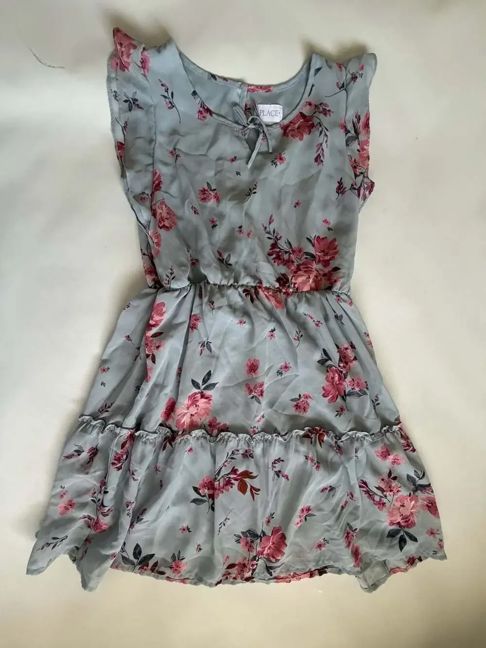 The Children's Place Dress 10/12 L Gray Blue PinkFloral Tiered Ruffle Sleeveless